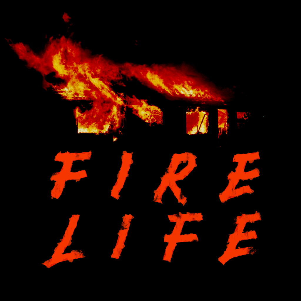 Logo FIRE LIFE. Au dessus du texte, une maison qui brûle.