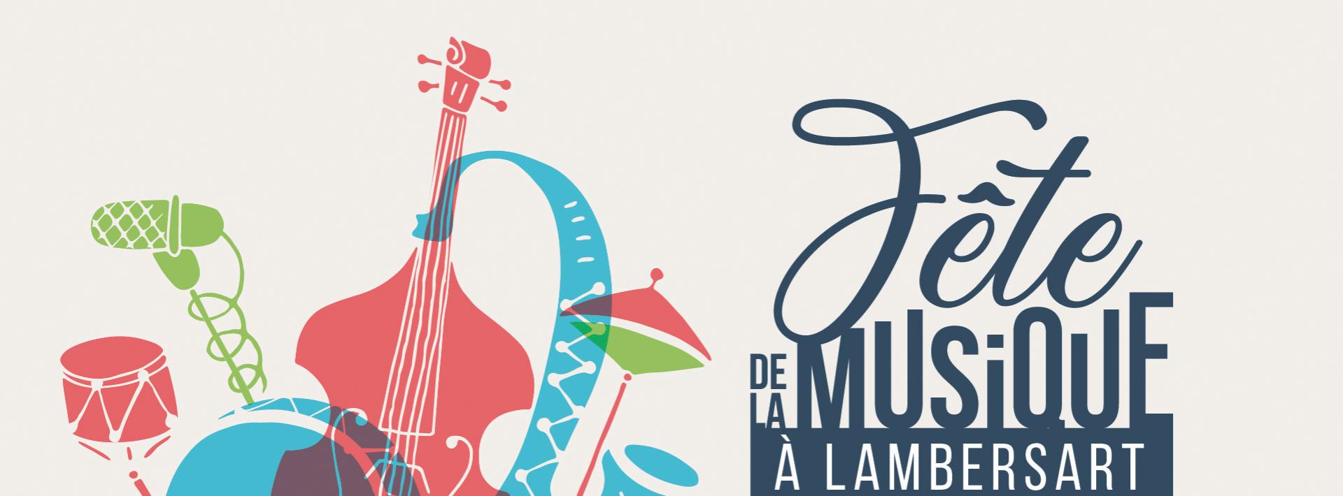 Logo "Fête de la musique à Lambersart" : dessin de quelques instruments sur tons pastels.