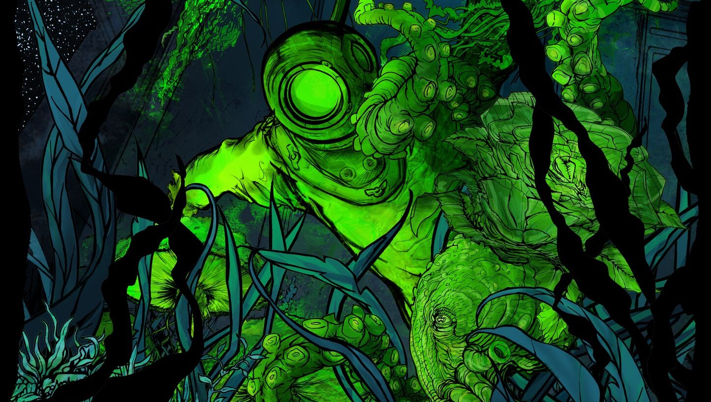 Illustration de Darkroom : un scaphandrier vert fluo dans un décors aquatiquo-spatial